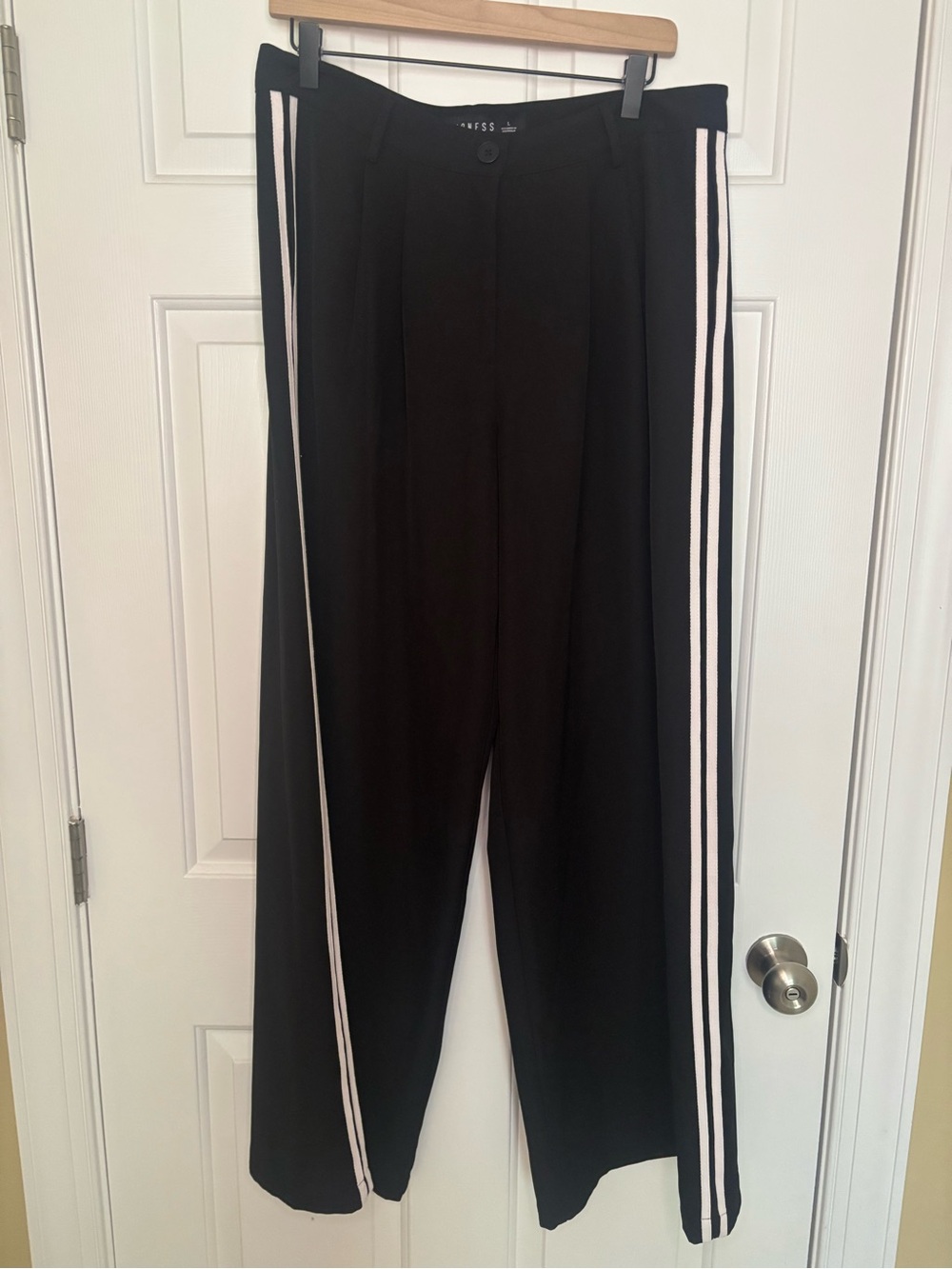 Lioness Black Wide-Leg Pants with White Side Stripes